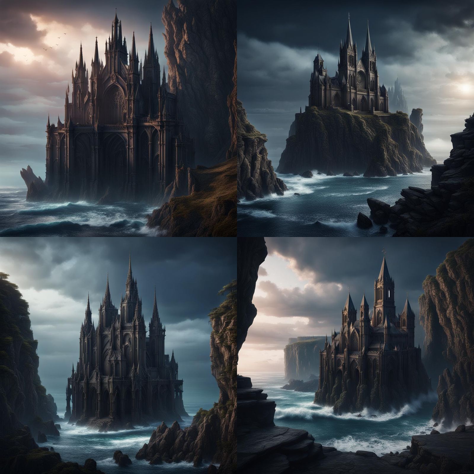 Dark Cathedral on Ocean Cliff: Detailed Matte Painting
