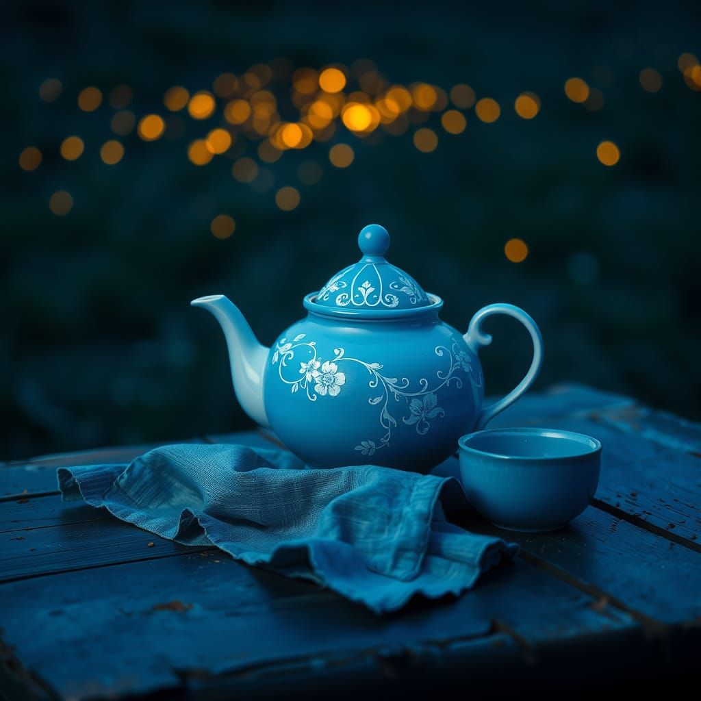 Ethereal Blue Hour Tea Setting in Impressionist Style