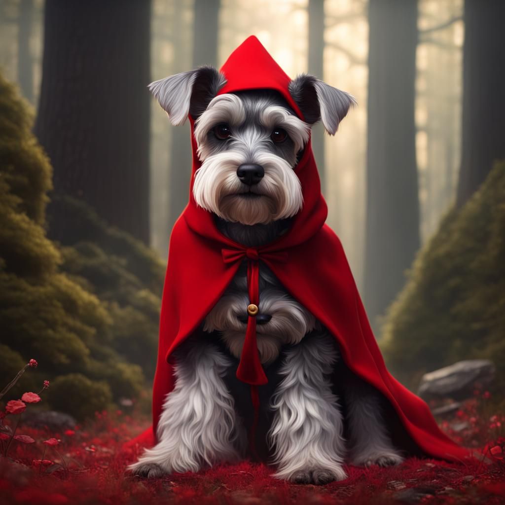 Miniature Schnauzer as Little Red Riding Hood