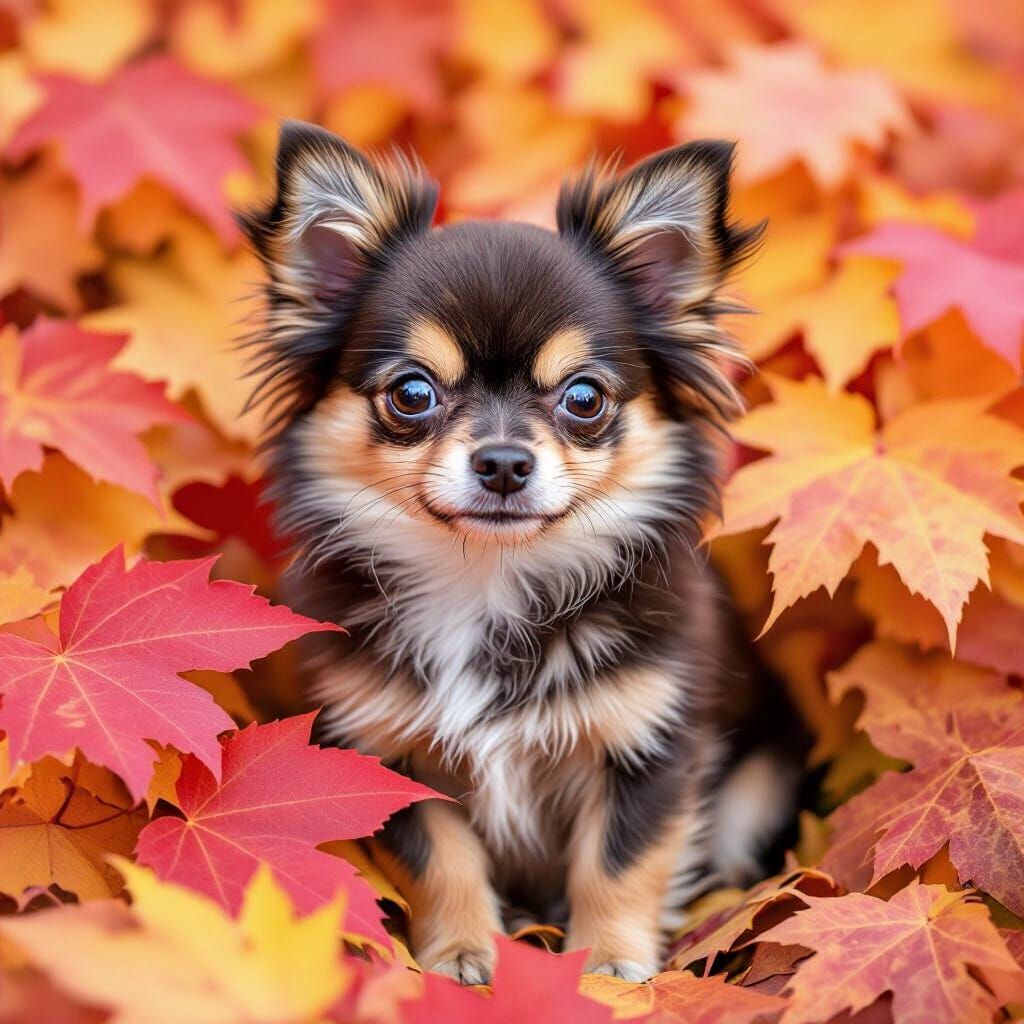 Fluffy Chihuahua Among Autumn Leaves