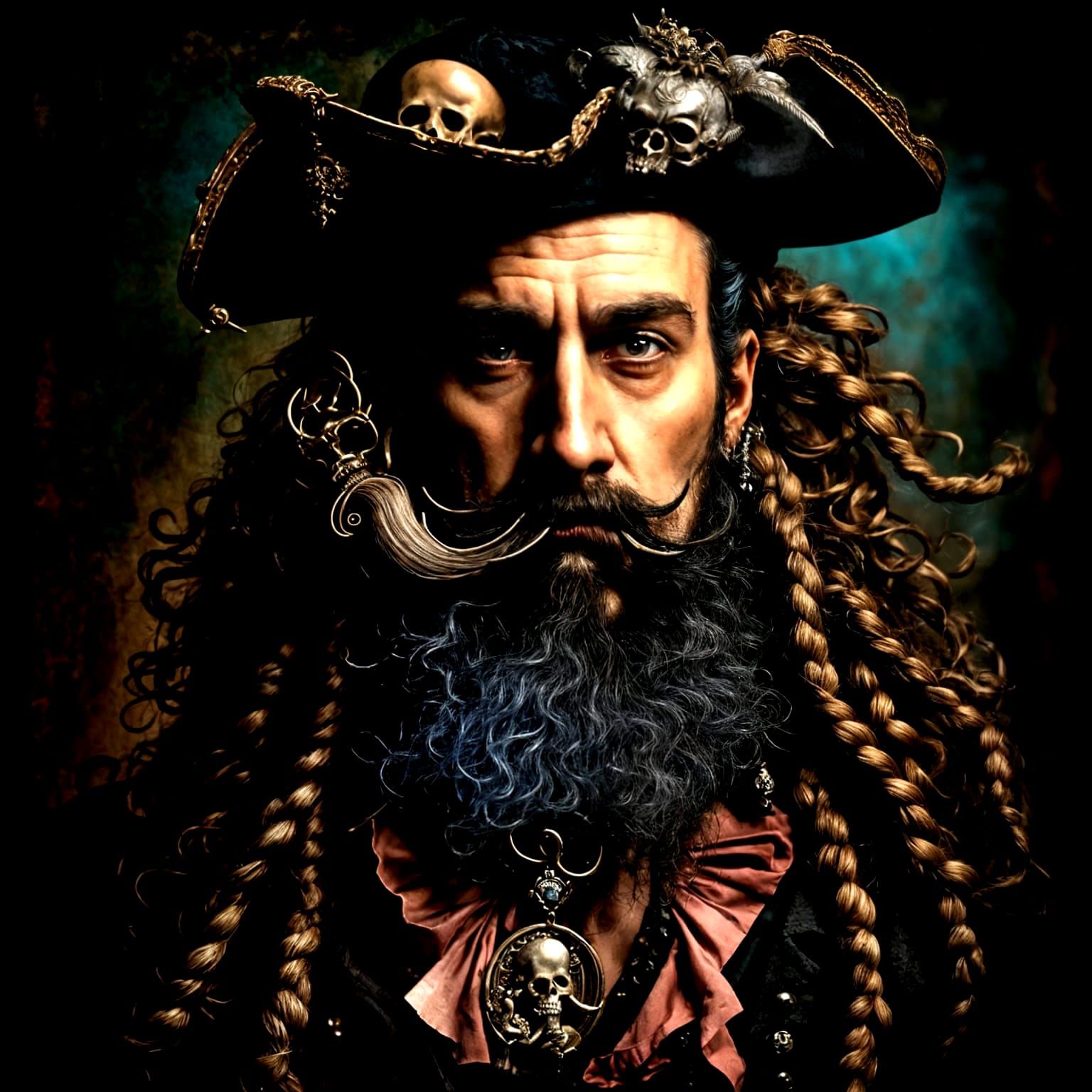 Bluebeard the pirate, huge long  braided curly exotic beard,...