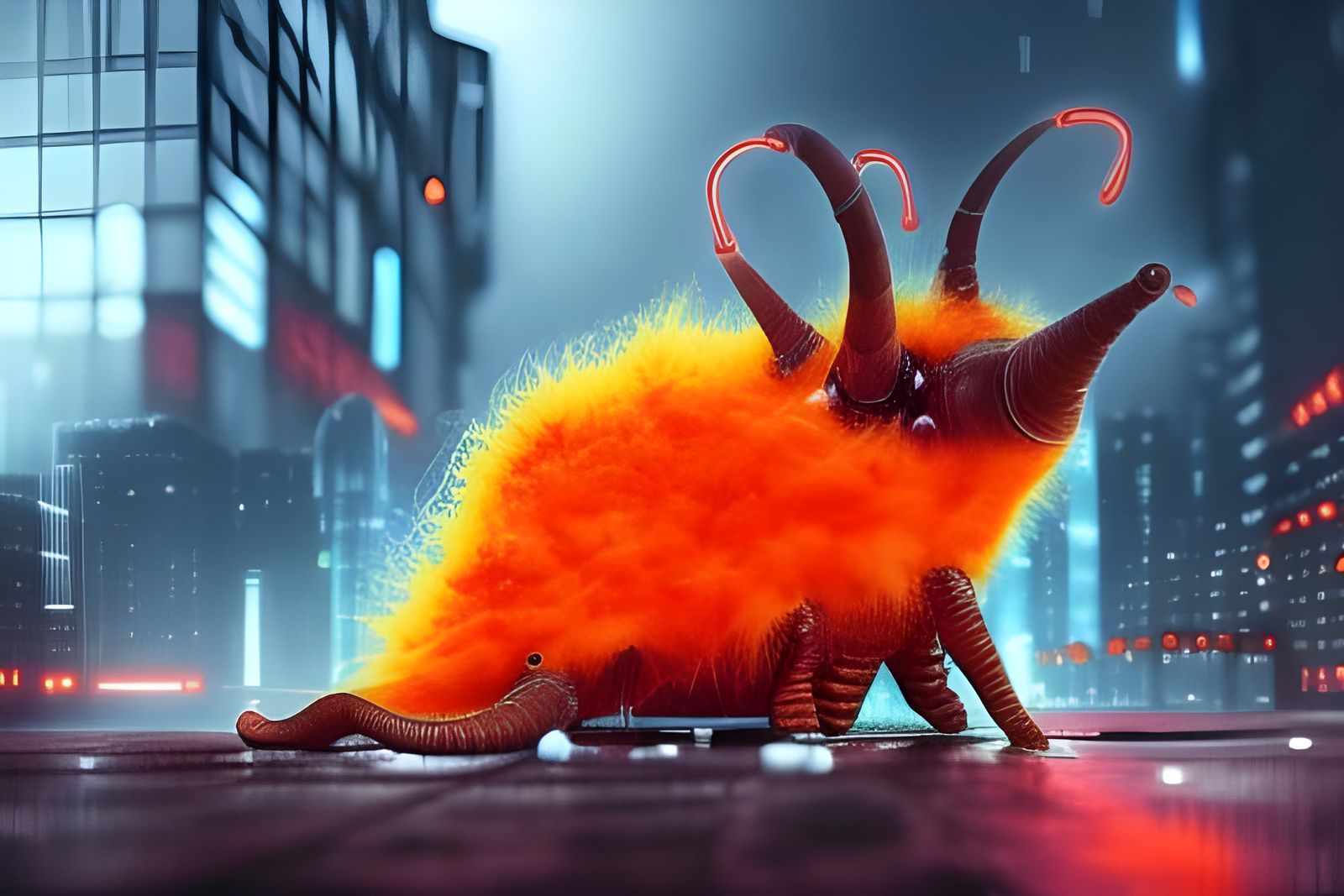 Furry Snail in Cyberpunk Cityscape