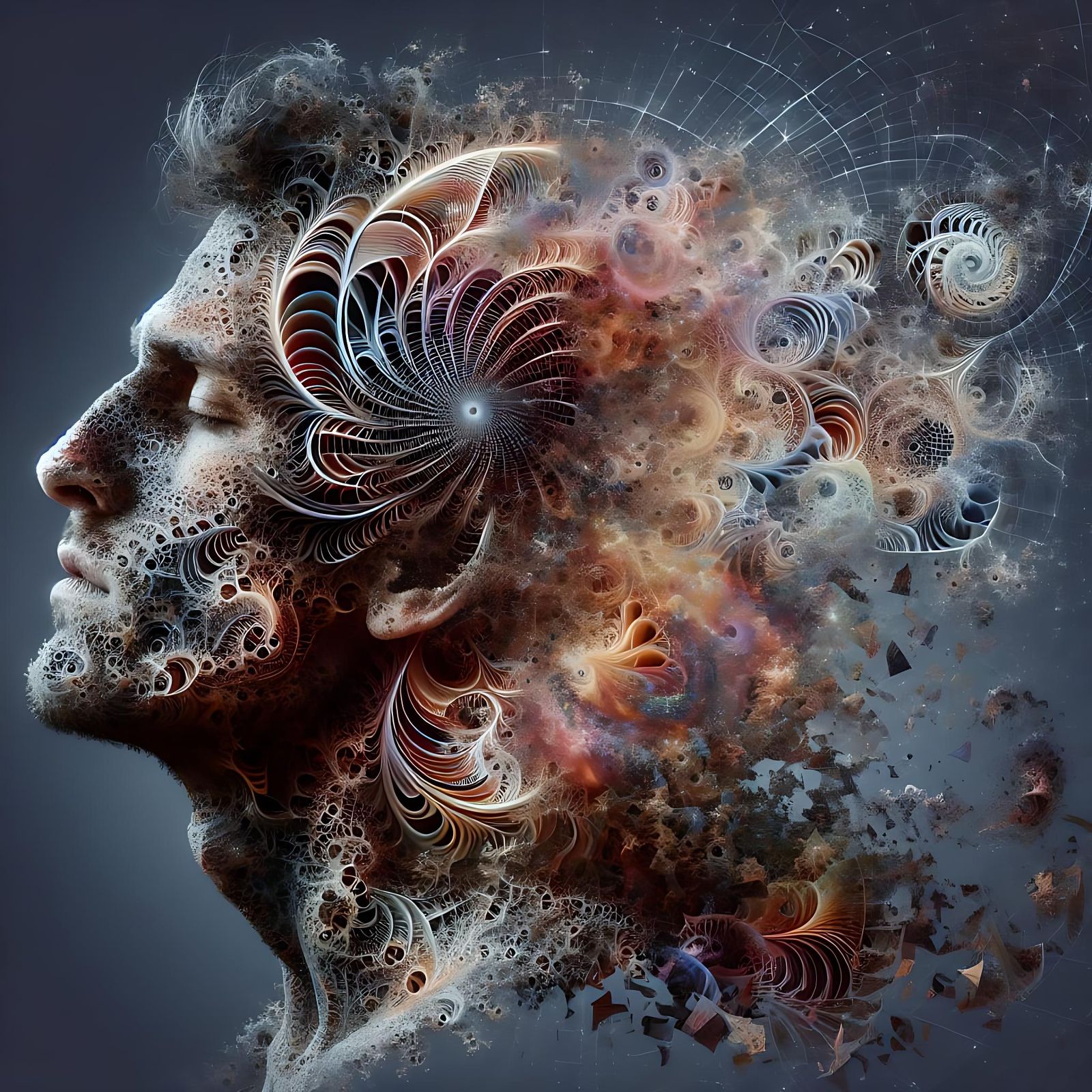 Man Disintegrating into Fractal Concentricities