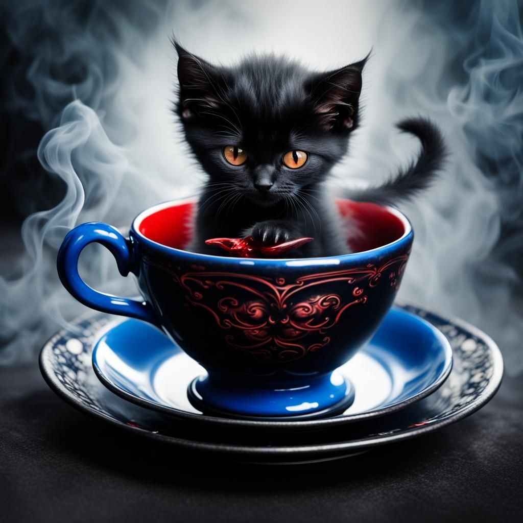 Demonic Kitten in Teacup, Giger-Inspired Surreal Art