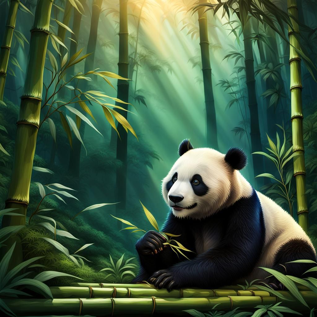 Panda Bear in Lush Forest at Golden Hour