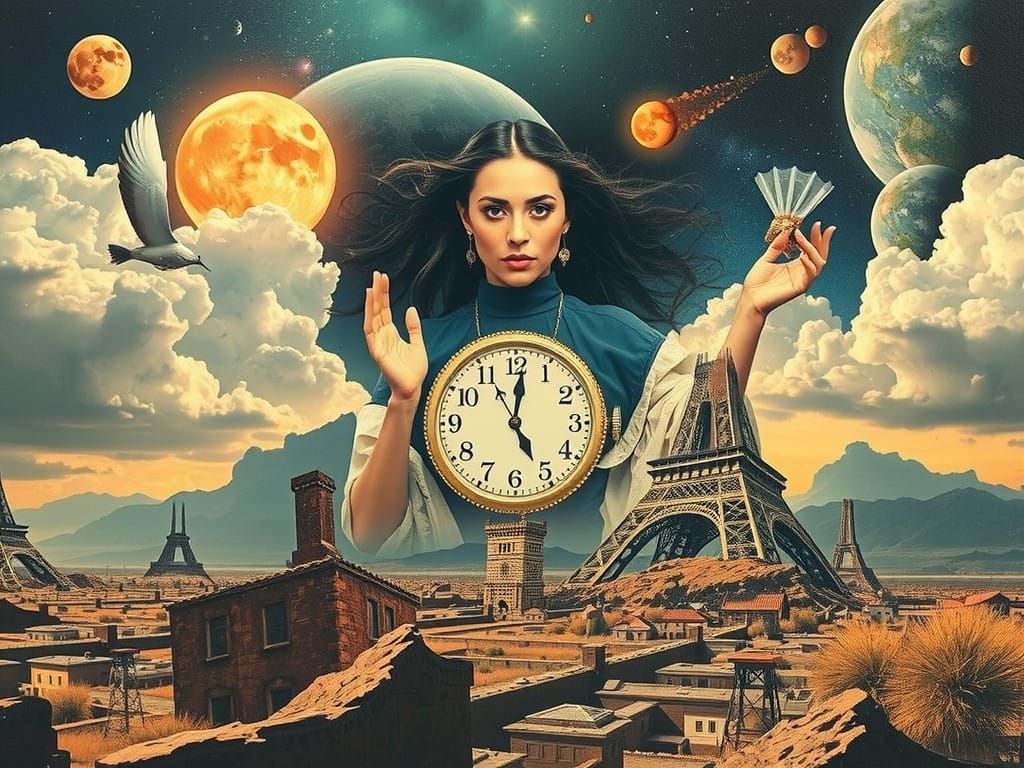 Surreal Prophetess Collage Depicting Timeless Dreams