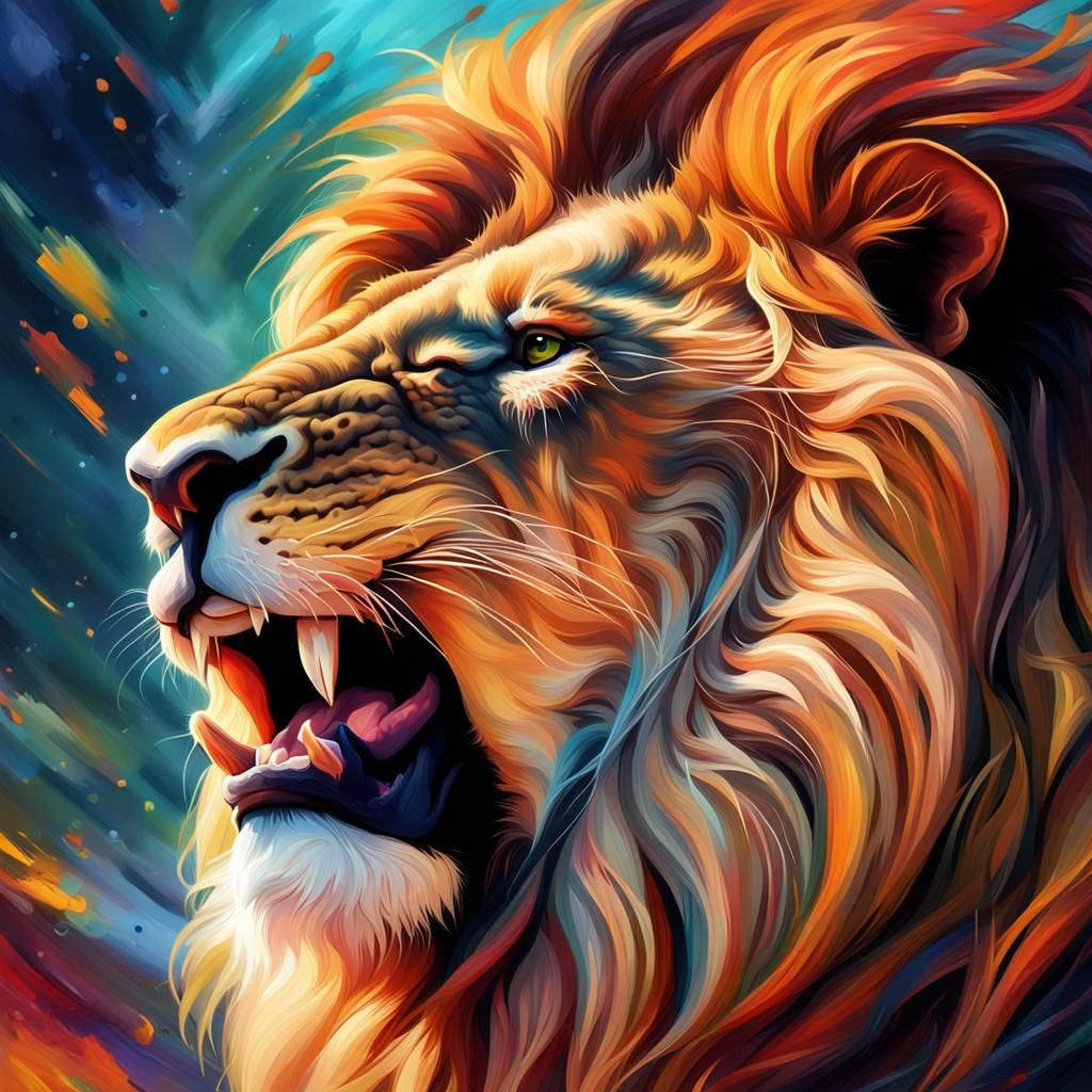 Majestic Lion Yawning: Detailed Oil Portrait