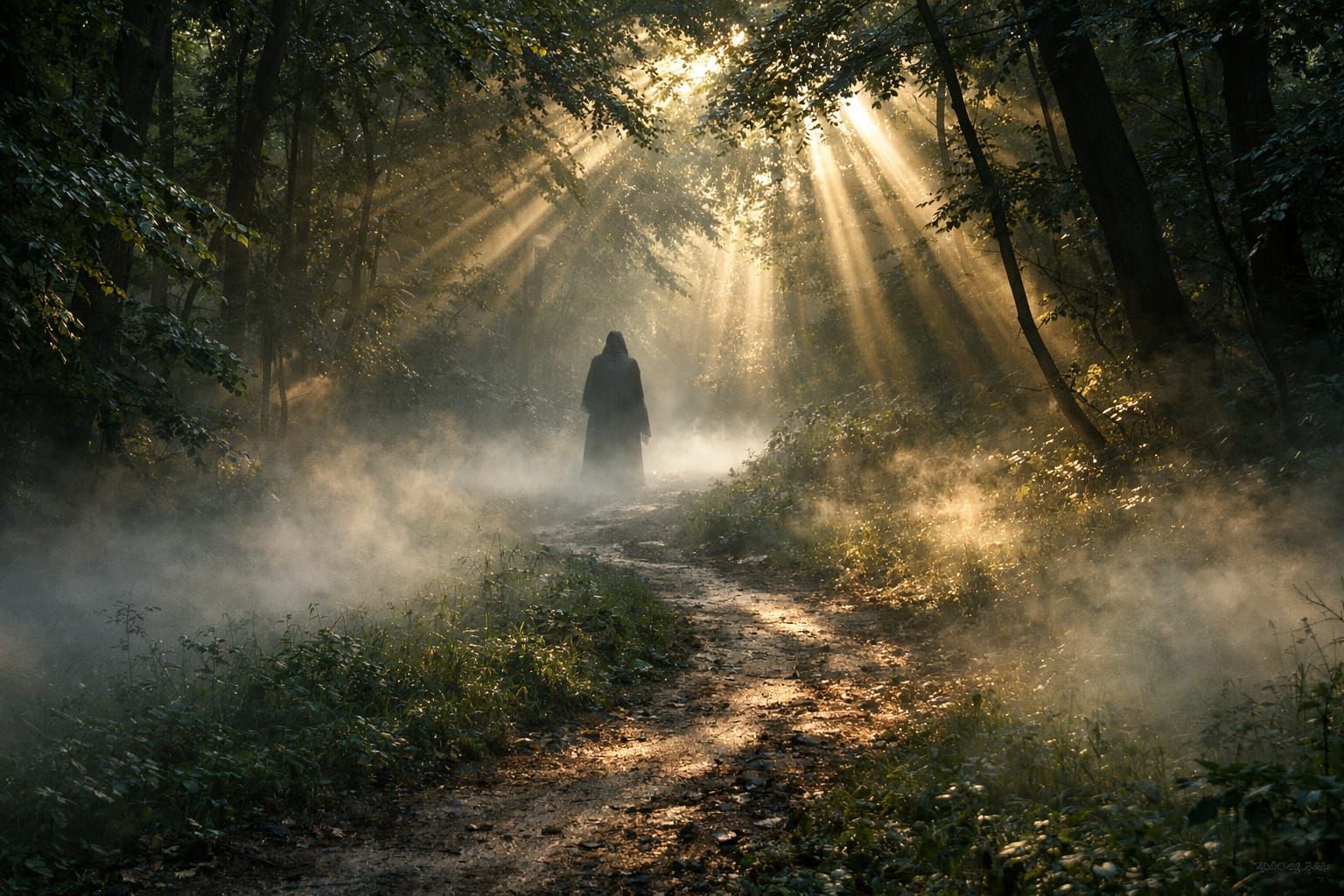 Mysterious Figure on Winding Path Through Misty Forest