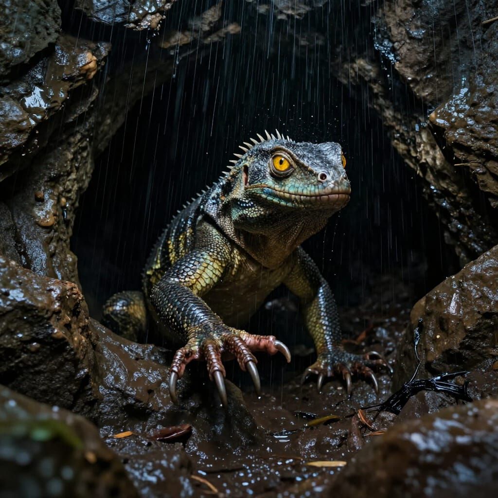 Lizardman Emerges From Dark Cave in Downpour