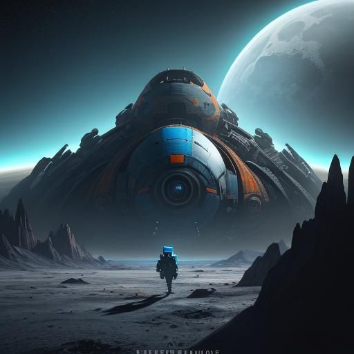 Cosmonaut on Moon Gazing at Spaceship