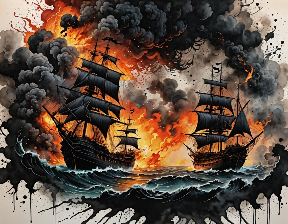 Pirate Ship on Fire: Ink Art in Storm