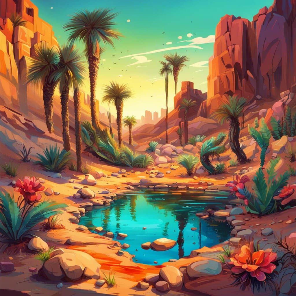 Vibrant Desert Oasis Sunset in Graffiti Art Style