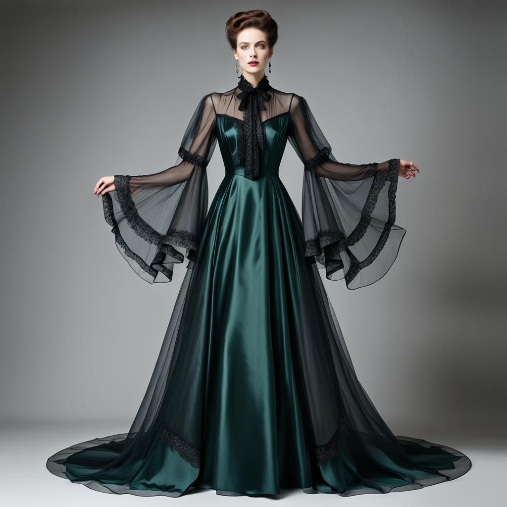 Women's Shining Organza Over Dress Flared Long Sleeves Glamo...