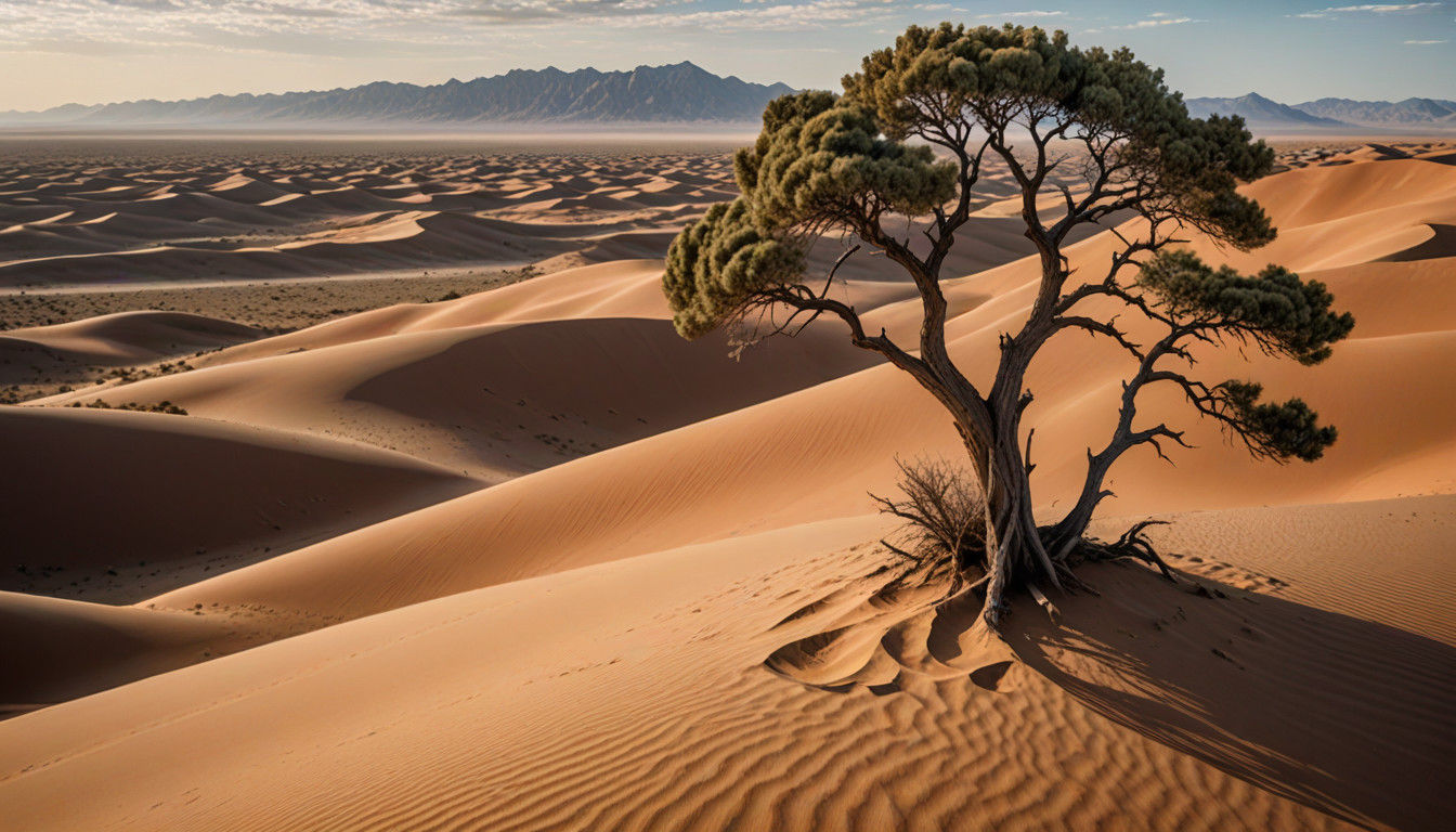 Hyperrealistic Gobi Desert Landscape with Lone Tree