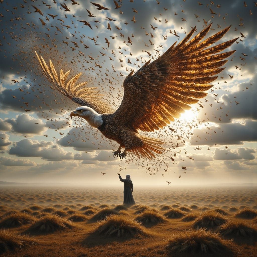 Birds Form Golden Eagle Above Dark Landscape