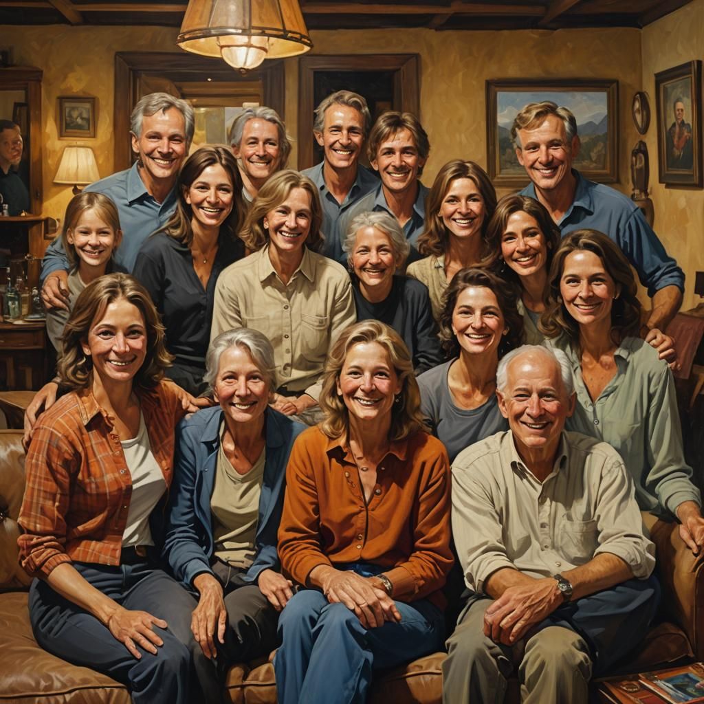 Smiling People Gathered in Warm Room, Oil Painting