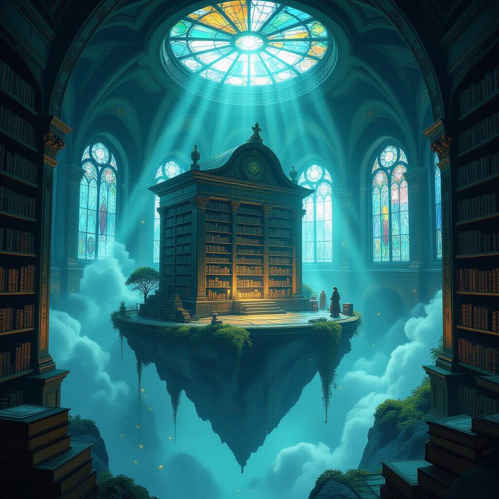 Ancient Library on Floating Island in Ethereal Glow