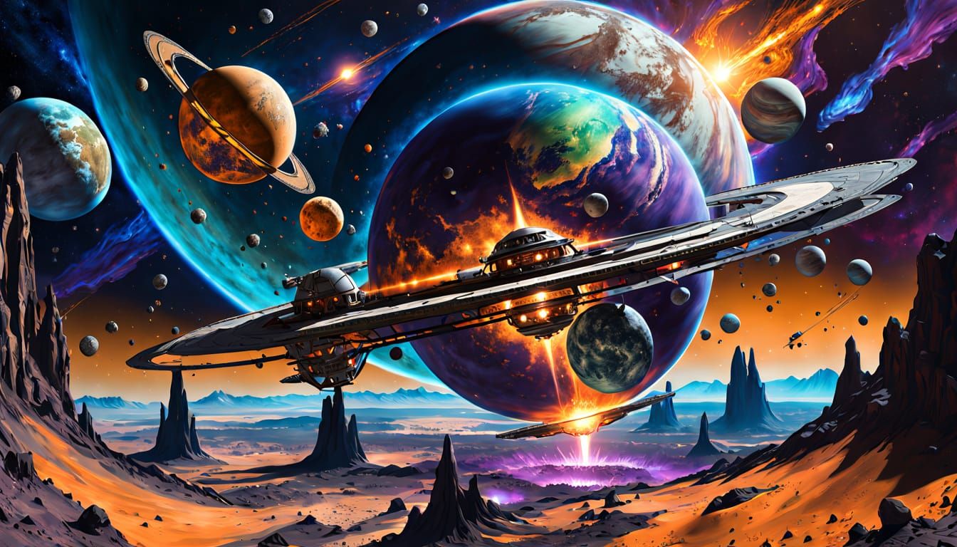 Globe Starship Amidst Planetary Impact: Sci-Fi Art