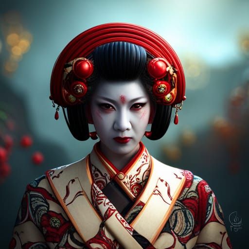 Geisha Oni Mask: Detailed Fantasy Concept Art