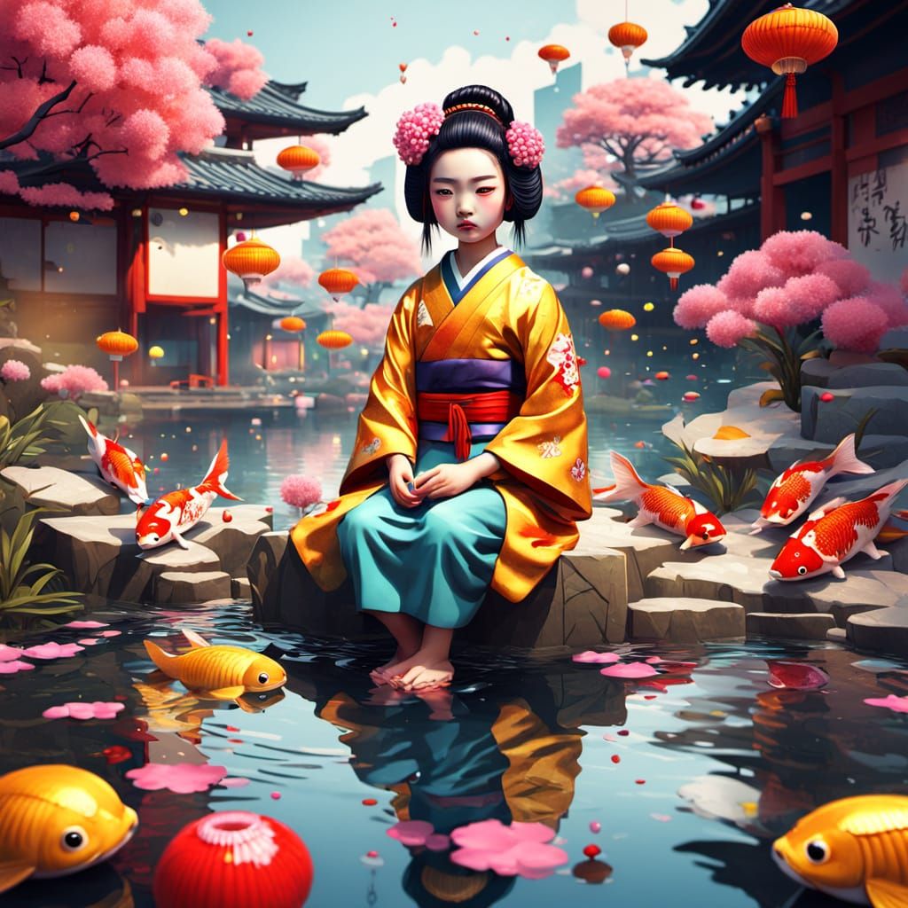 Geisha and Koi Pond in Vibrant Street Art Style