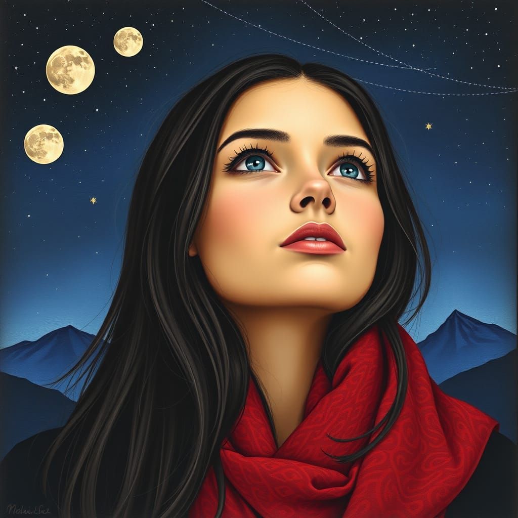 Young Woman in Starry Night Sky with Vibrant Red Scarf