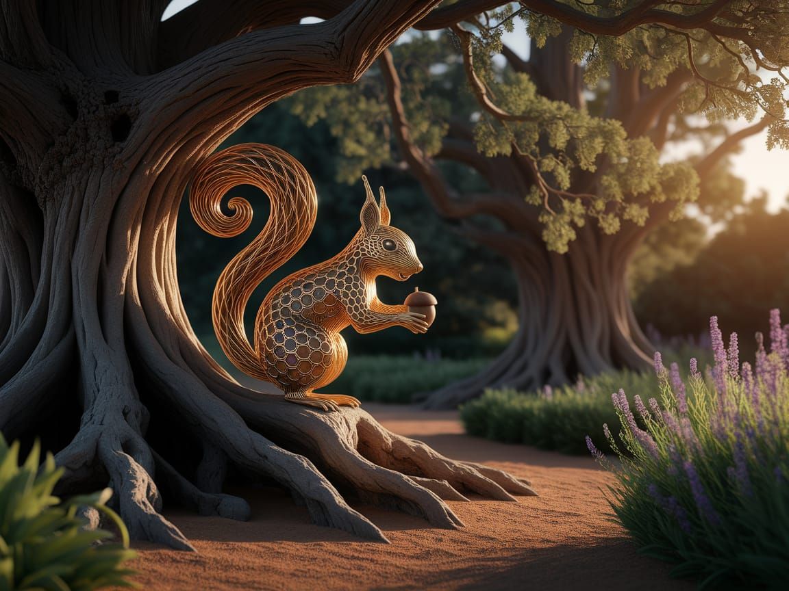 Gold Wire Squirrel Sculpture in Verdant Garden