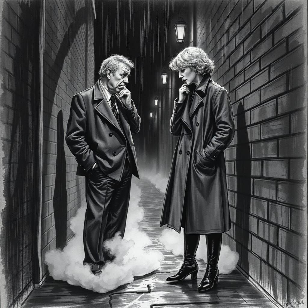 Film Noir Charcoal Drawing: Whispers in a Rainy Alleyway