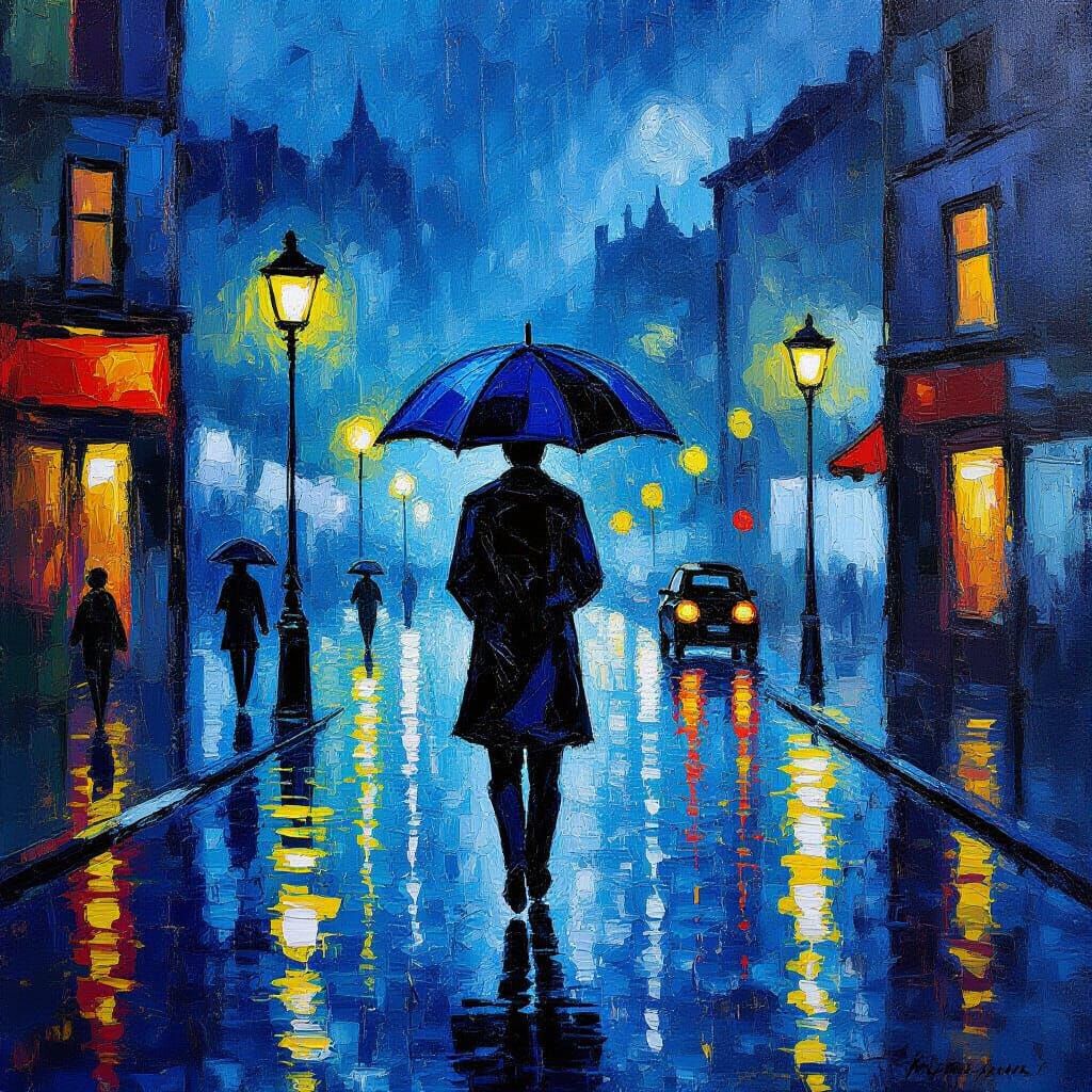 Solitary Figure with Blue Umbrella on Rainy City Night
