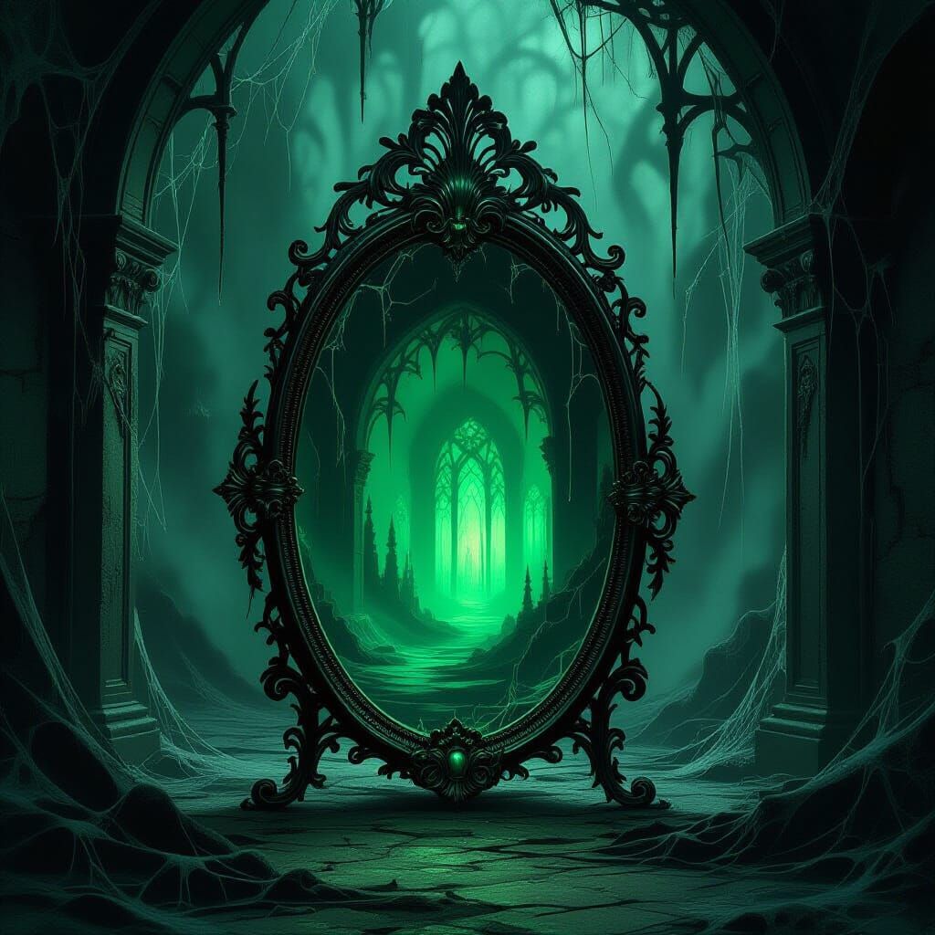 An ancient, ornate mirror, its surface rippling with dark en...