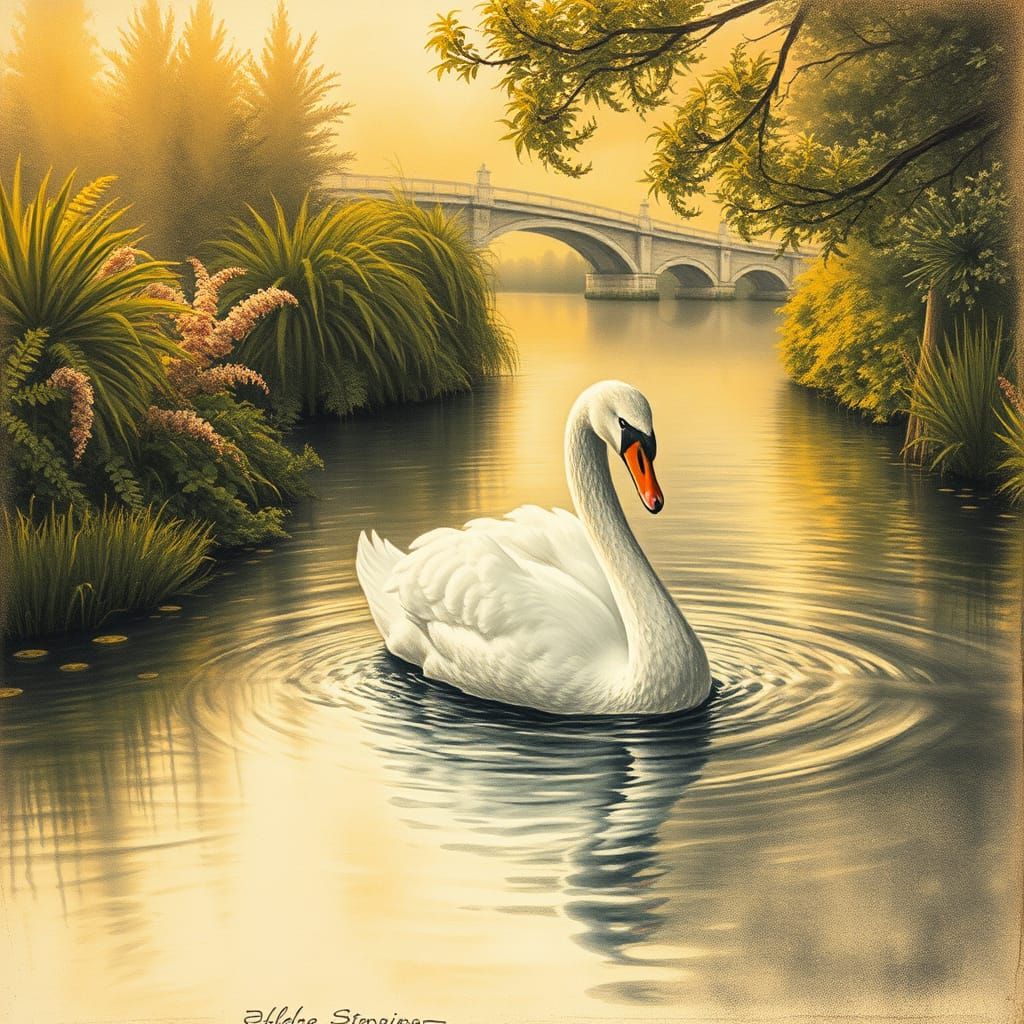 Dreamlike Swan in a Golden River Landscape, Charcoal Drawing
