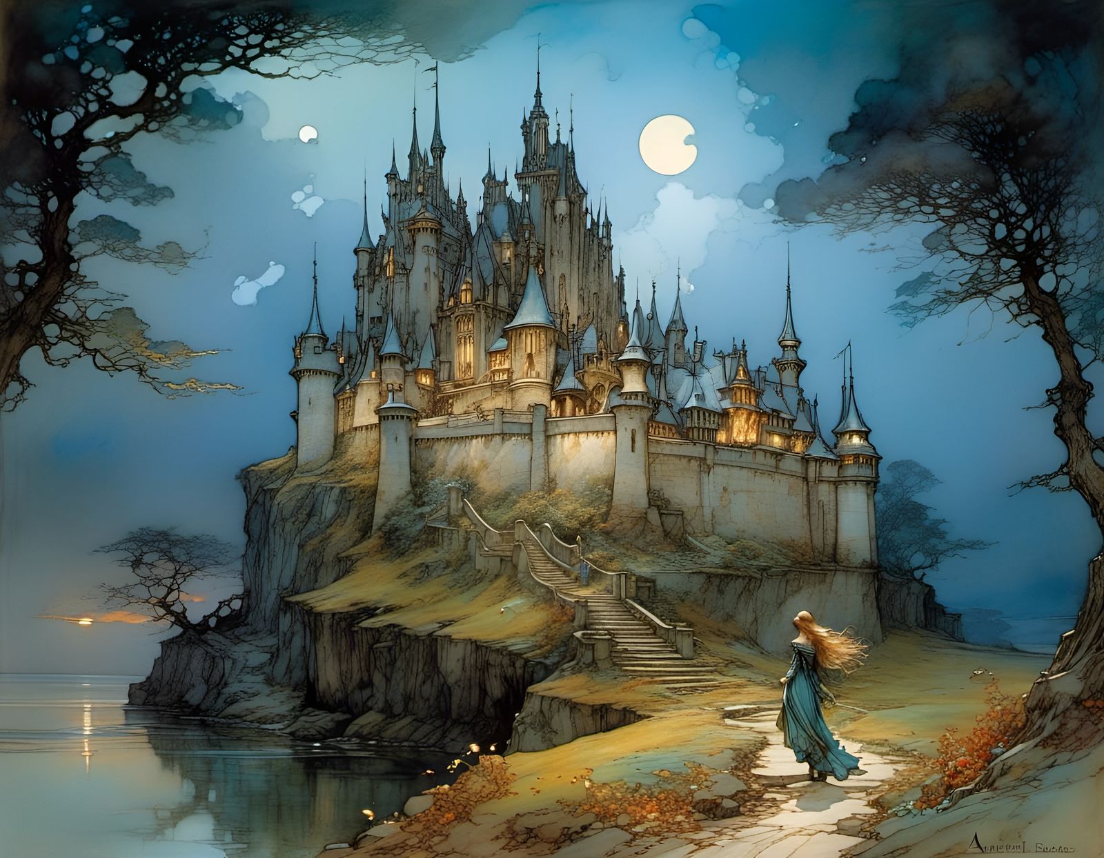 Fairytale Castle: Polychromatic Watercolor and Ink Painting