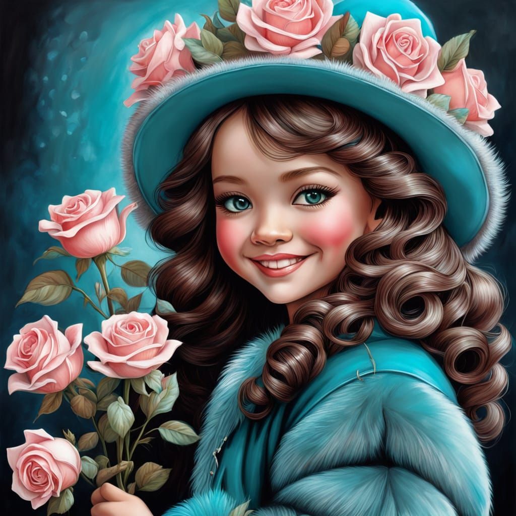 Girl with Roses in Pastel Colored Pencil Style