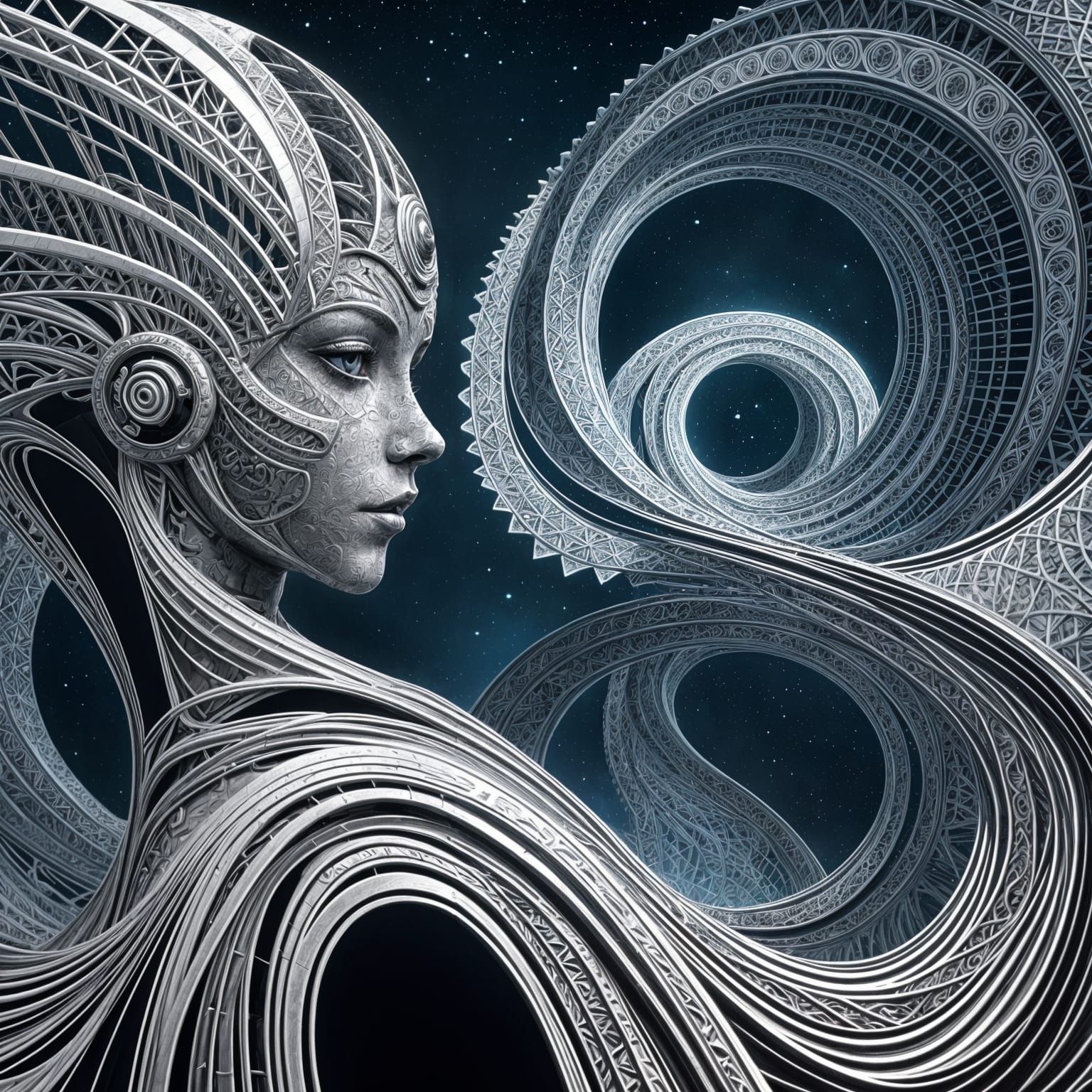 Cyborg Goddess Under Moonlit Skies in Abstract Fractal Style