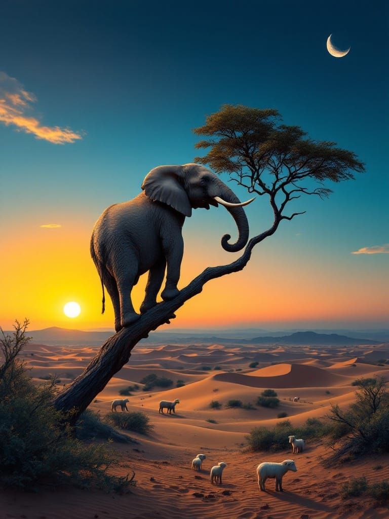 Elephant at Sunset in Surrealist African Desert