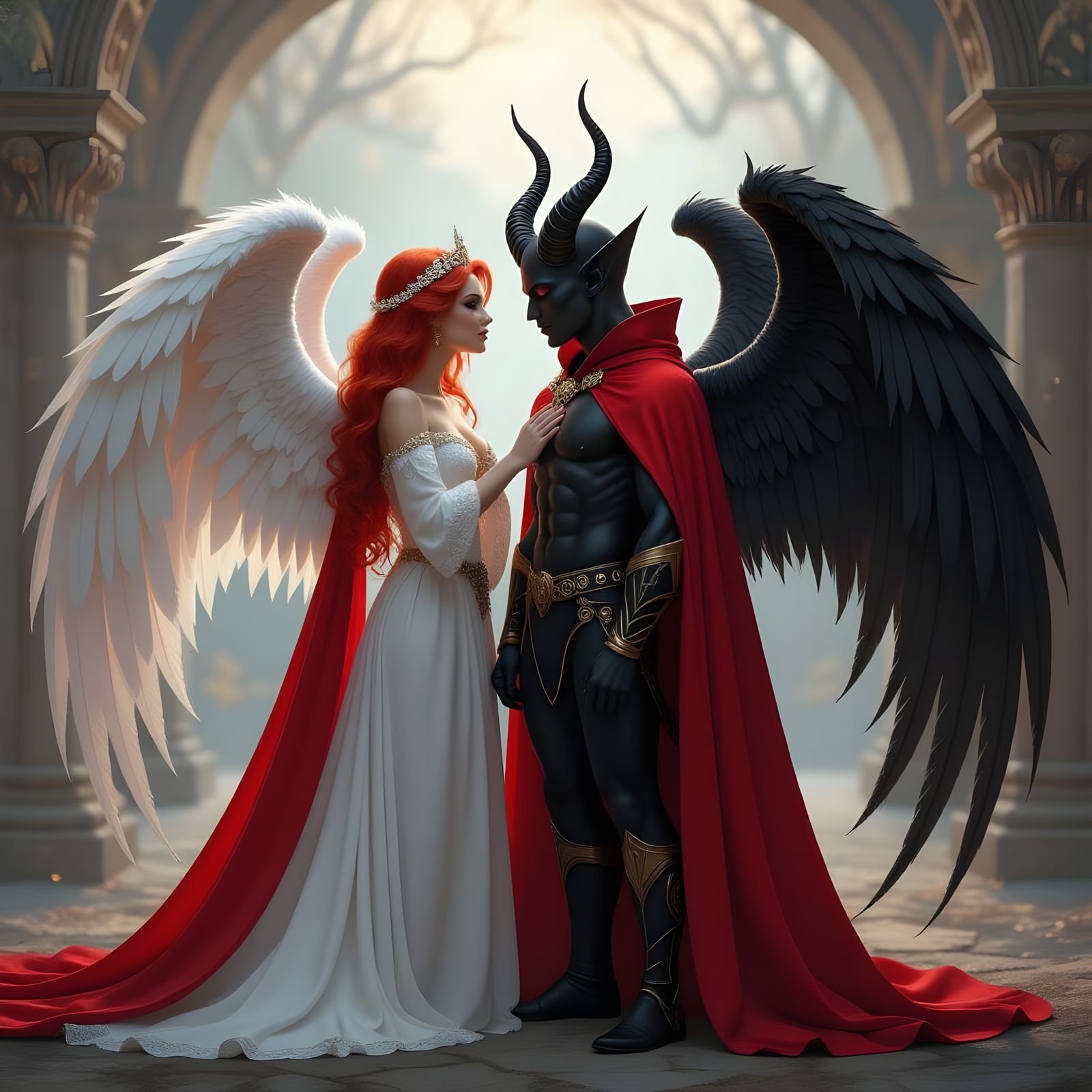 The angel with red hair and gold wings kisses the  black dem...