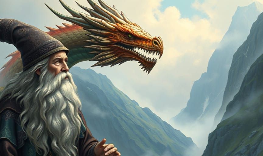 Majestic Wizard and Dragon Ponder the Meaning of Life