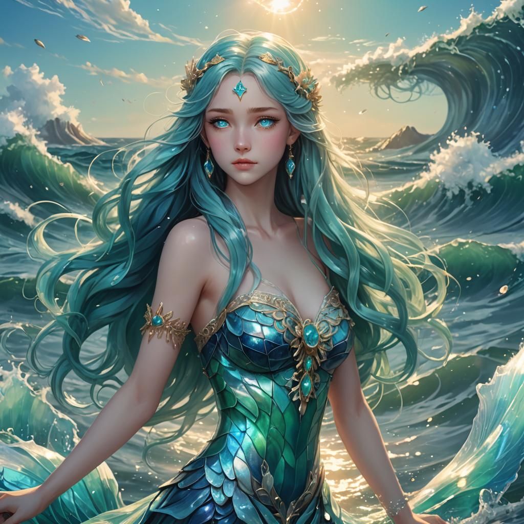 Anime Girl in Ocean with Blue Hair, Digital Art