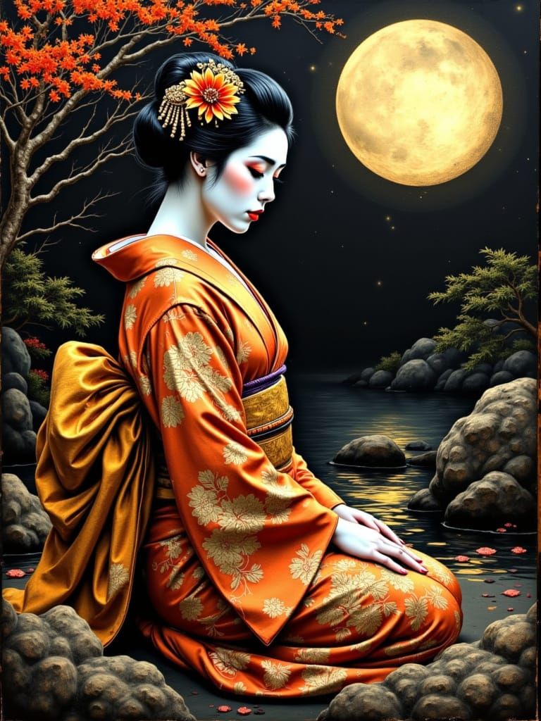 Geisha in Zen Garden at Night: Tarot Style