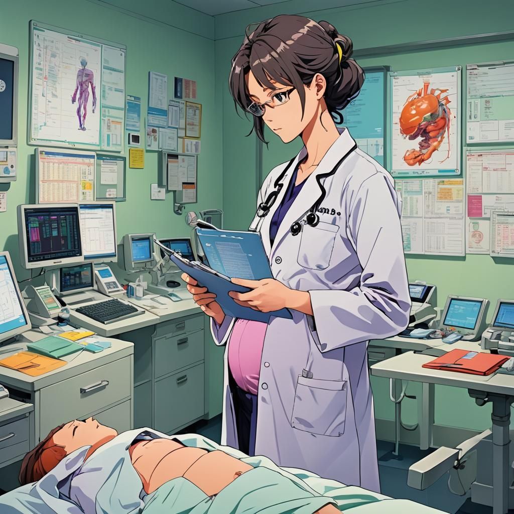Anime Doctor Examining Chart in Hospital Room