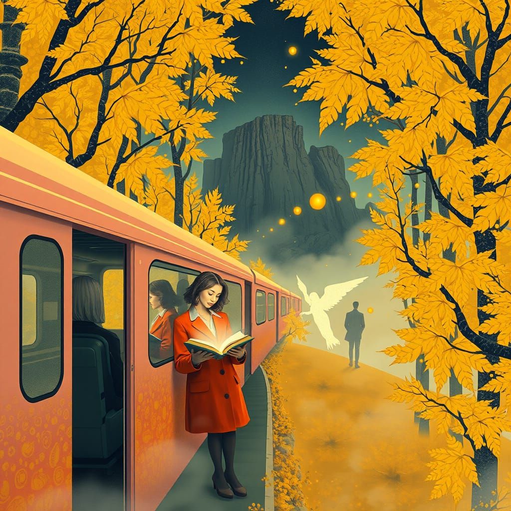 Train Glides Through Golden Forest in Klimt Style