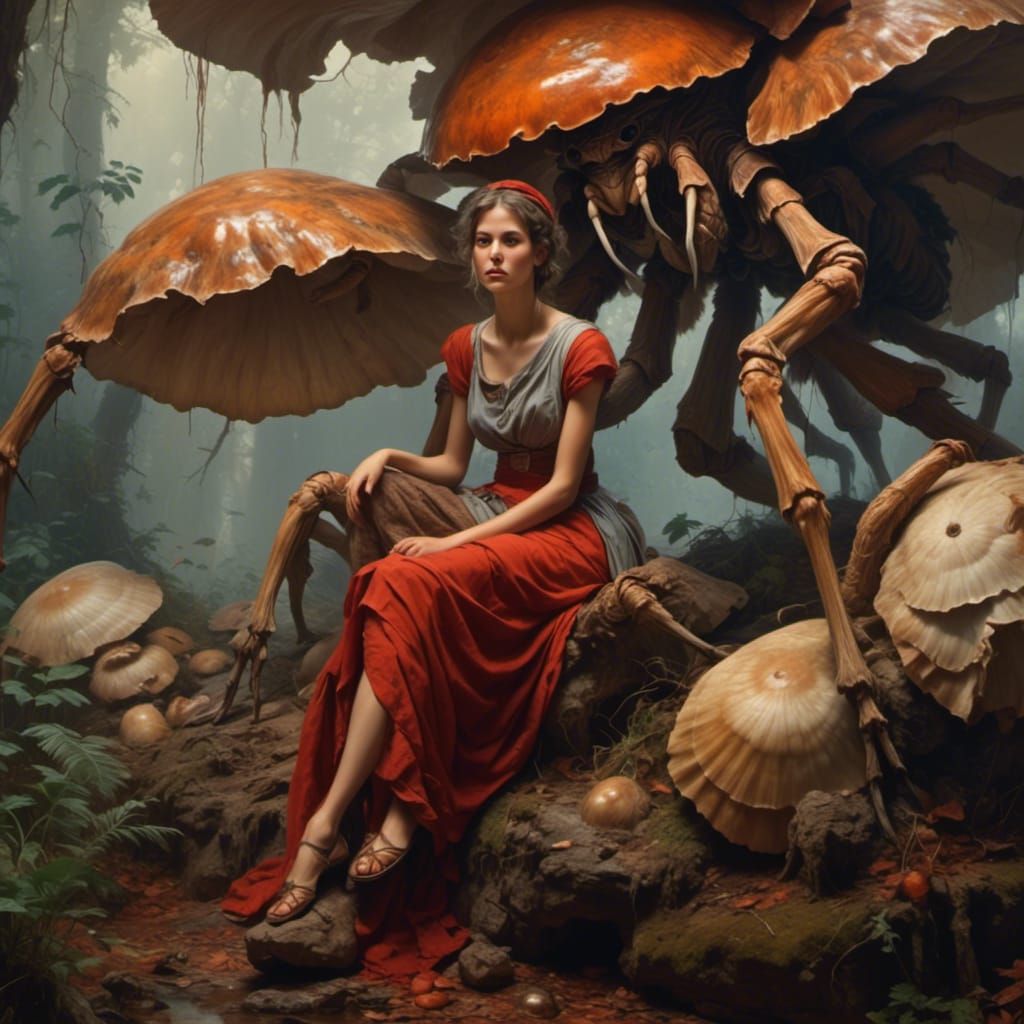 Lady Relaxing with Giant Spider in Hyperrealistic Style