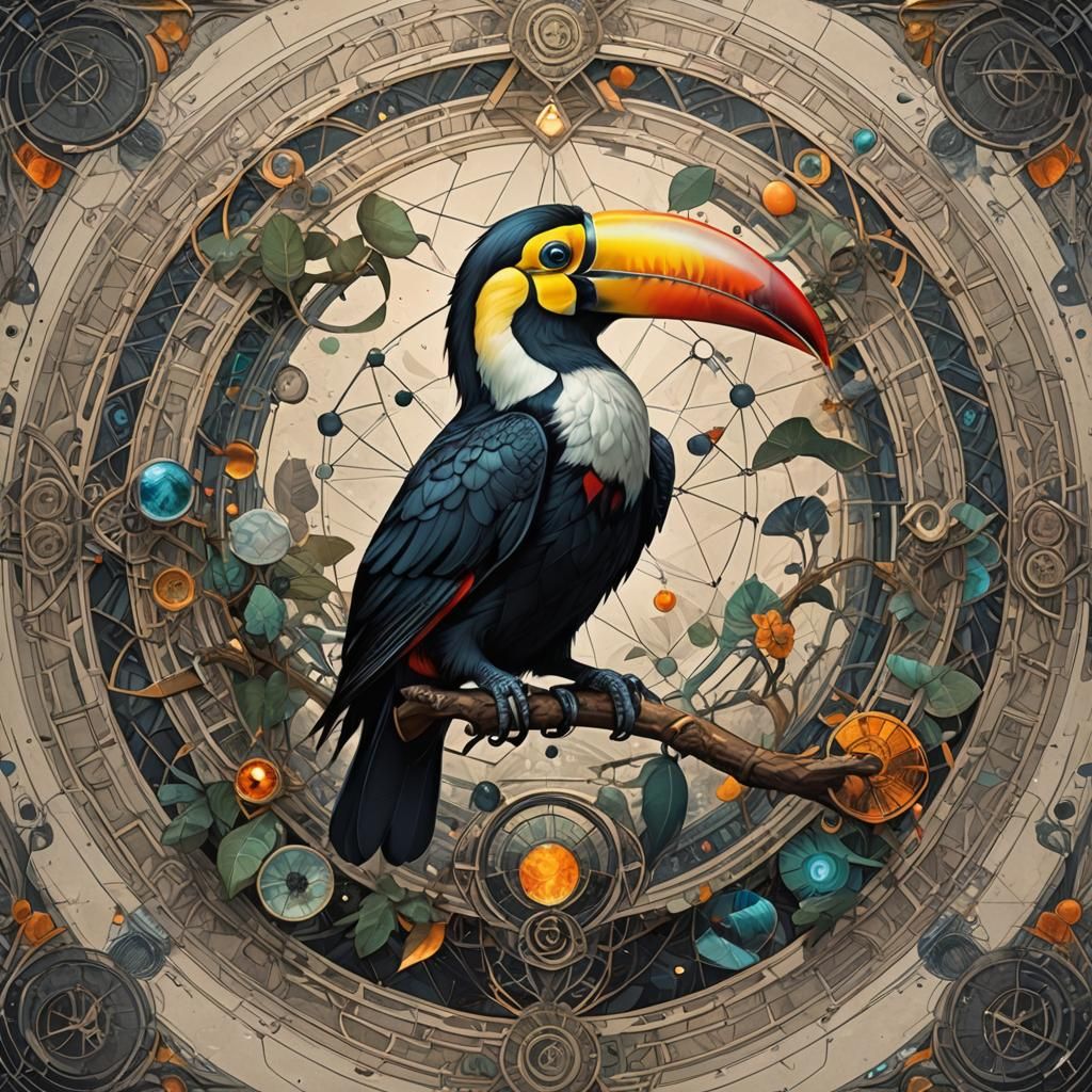Geometric Toucan with Runes: Intricate Ink Illustration