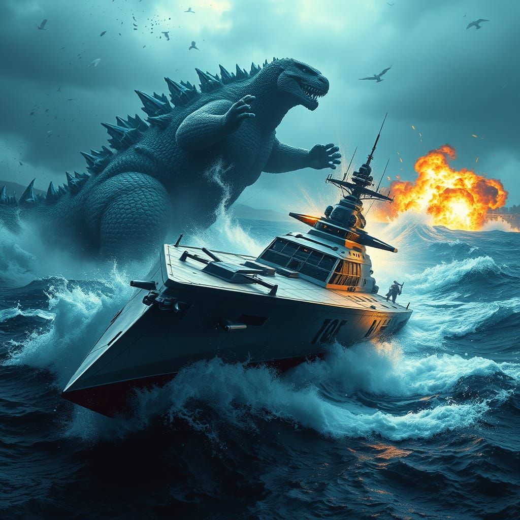 Modern Warship Battles Colossal Kaiju in Turbulent Seas