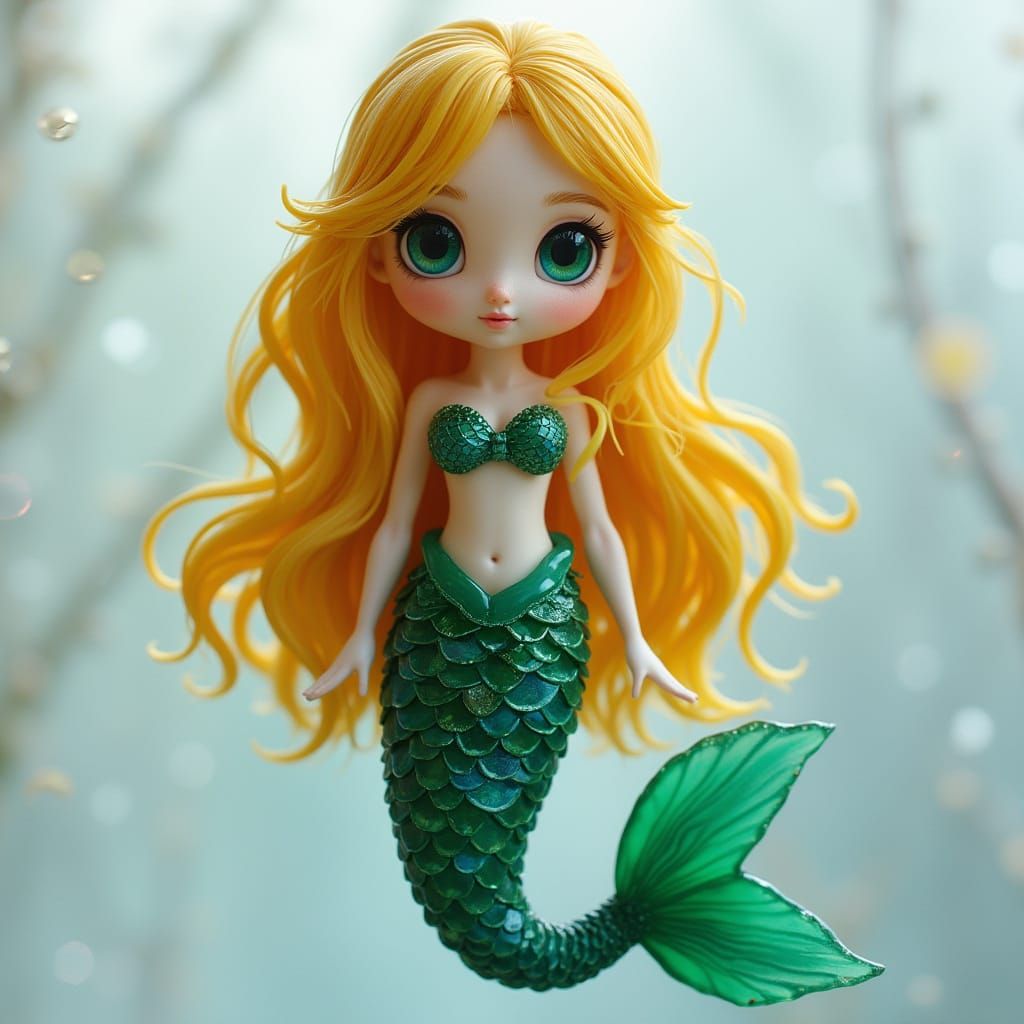 Sea Glass Mermaid with Golden Hair and Green Eyes