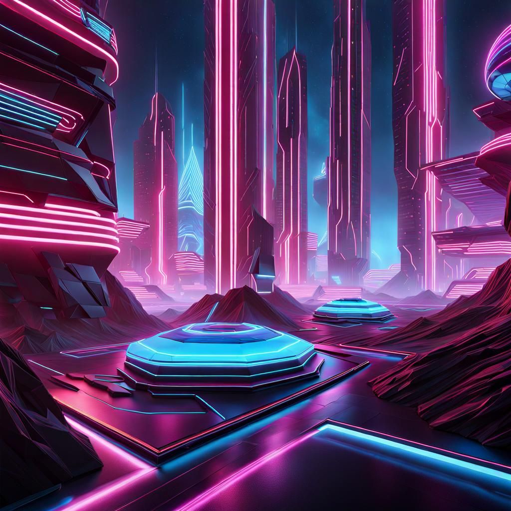 Neon Vaporwave Tron Landscape in Low Poly Style