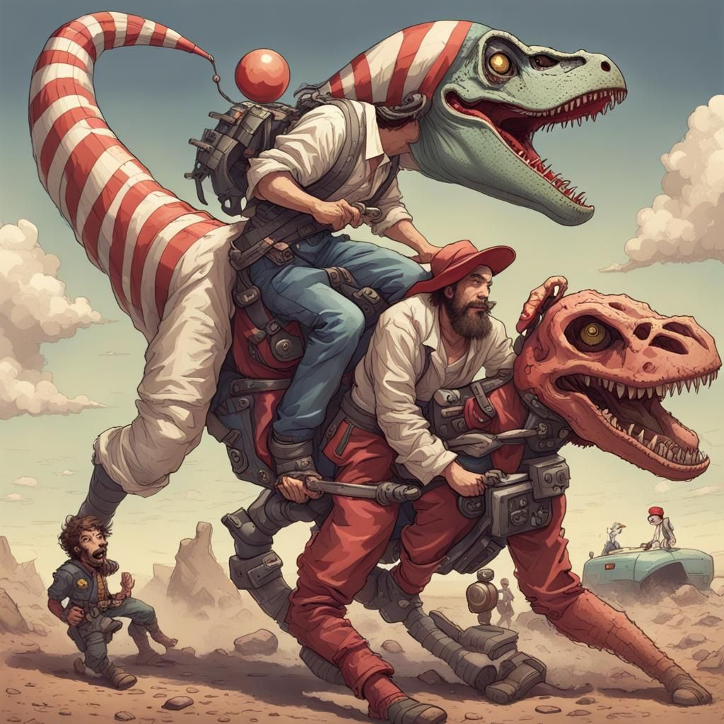 Mech Jesus on Velociraptor vs Clown Car