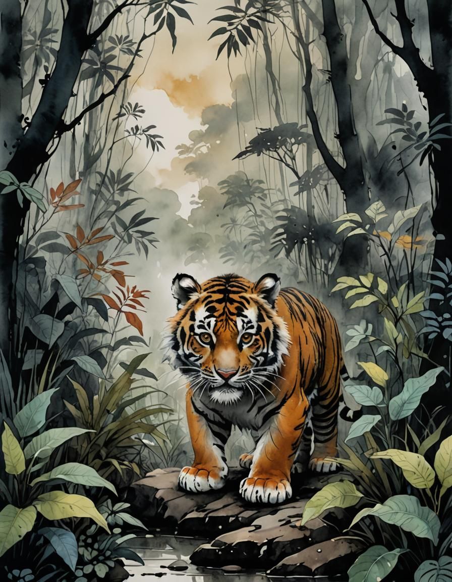 Baby Tiger in Misty Jungle, Watercolor Illustration