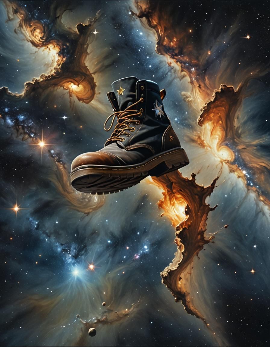 Canvas Boot Drifting Through Space, Hyperrealistic Style