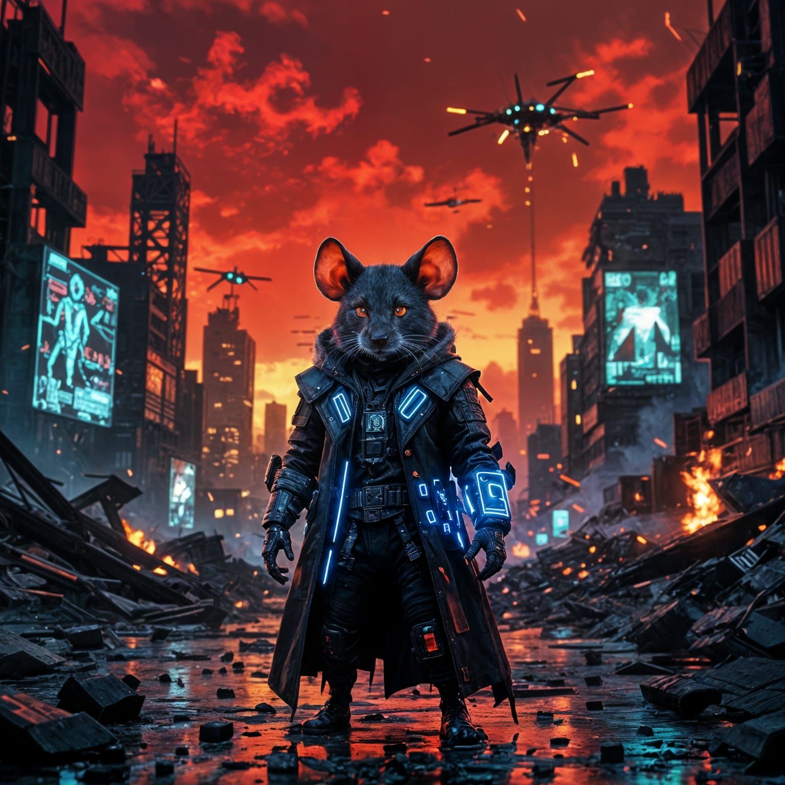 Cyberpunk Finn Mouse Wanderer in Ruined City
