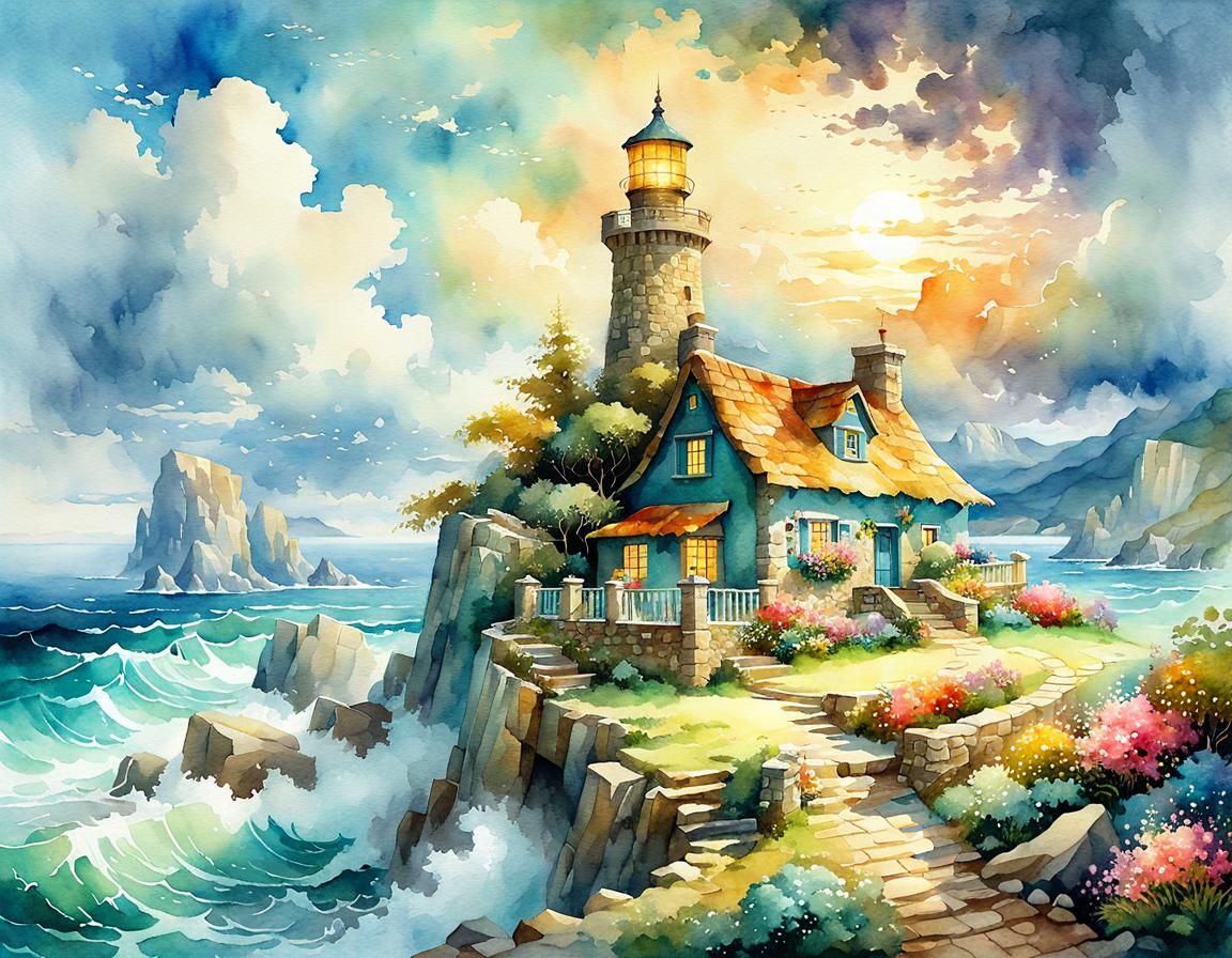 Charming Cottage and Fairytale Lighthouse in Watercolor